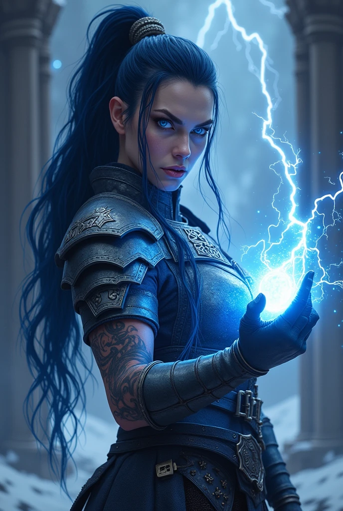 Aletta Ocean, angry evil beautiful and muscular, Nordic female, towering storm Giantess with blue black hair in a ponytail, older and mature woman, throwing a lightning ball, celtic glowing tattoos, wearing nordic steel runic plate mail Armour , temple cave background with lightning storm, glowing blue eyes, square jaw, powerful and imposing, winter clothing, pale blue purple skin, ((full plate celtic dragon armour)), nordic tattoos, fit bodybuilder, facing the camera , ultra detailed, looking outraged