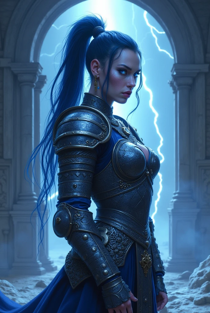 Aletta Ocean, angry evil beautiful and muscular, Nordic female, towering storm Giantess with blue black hair in a ponytail, older and mature woman, throwing a lightning ball, celtic glowing tattoos, wearing nordic steel runic plate mail Armour , temple cave background with lightning storm, glowing blue eyes, square jaw, powerful and imposing, winter clothing, pale blue purple skin, ((full plate celtic dragon armour)), nordic tattoos, fit bodybuilder, facing the camera , ultra detailed, looking outraged