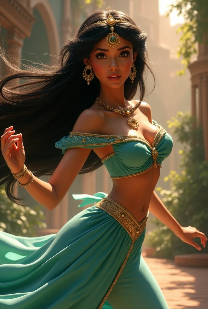 Stunning Princess Jasmine, photo in 8k, in action, cinematic.