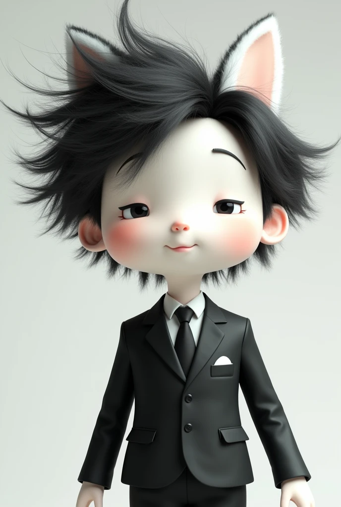 cartoon character with black and white messy hair, fluffy ears, and a pure white skin tone. The character is faceless and is wearing a black and white suit.