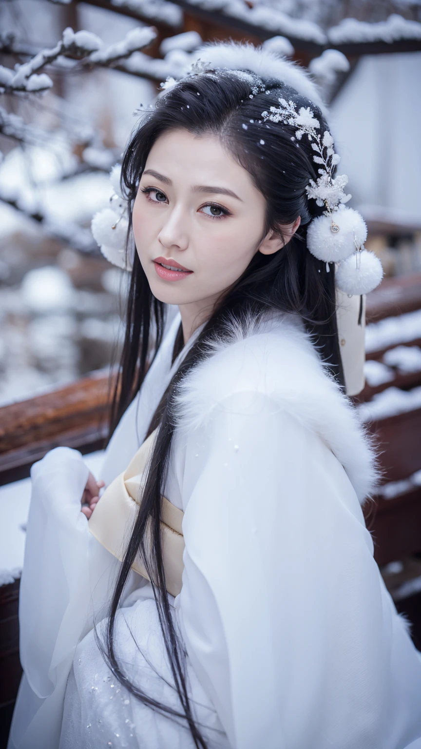 1 Fashion Model [[[[close up]]]], [[[[neck]]]], [[[[Shoulder]]]], (((Complete head)))，(((Complete hairstyle)))，Perfect eyes, Perfect Iris，Perfect lips，Perfect Teeth，Perfect skin，White skin，Soft headlights，High-density imaging，Black long hair，（Clean and delicate face），((White fur winter hanfu))，((Half-length photo))，((The background is a snowy scene))，((winter))，((Various dynamic poses))，((The background is a snowy scene))，best quality，masterpiece，（Soft colors：1.2）