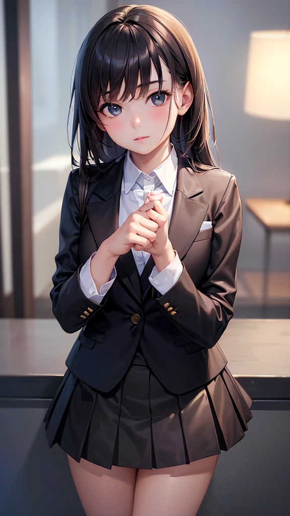 Top Quality, Masterpiece, 1 Girl, Beautiful Face, (Photorealistic Picture:1.3), Rim Lighting, (High Detail Skin:1.2), 8K UHD, DSLR, High Quality, High Resolution, 4K, 8K, Bokeh, Absurdity, Best Ratio Four Fingers and One Thumb, (Real:1.3), Small Face, Cute One Girl, Black Formal Blazer, Middle Breast, Short Skirt,Office