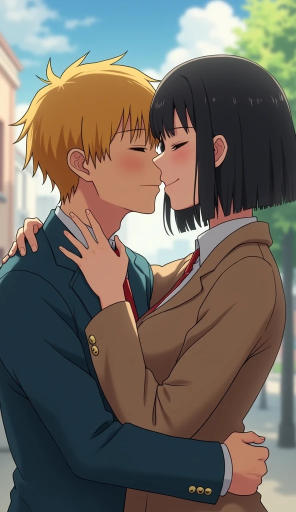 (32K:1.9, Realistic:1.9, Highest quality, masterpiece, Ultra-high resolution), Perfect dynamic composition:1.3, Highly detailed skin and facial textures:1.3, Cute sexy slim Japanese schoolgirl, (Slimman, Height about 180cm), (They both close their eyes, A man hugs and kisses a woman:1.3), Fair skin, ((Clarity:1.1)), (Man is anime「Marmalade Boy」excellent'uniform:1.3, Bright yellow hair, beautiful目:1.3), (その女性はライトブルーのネクタイをしたuniformを着ています.:1.3, Straight black hair.:1.3, smile:0.9, A man completely charms a woman:0.9, beautiful Blue Eyes, beautiful, Clear Eyes:0.8), Sexy Face:0.4, blush:1.1, (beautifulエロティシズムを醸し出す雰囲気:0.8), Professional random camera work, Cinematic Lighting Effects, (Full Body Shot), (Too erotic), romantic, mysterious, Object of admiration, original, dramatic, artistic, Innovative, charm, Heartful, Fancy, Tilt, sense of loss, special, exciting, Extreme, sense of openness, joy, joyの表現, ((若さのcharm, 女性的なcharm))