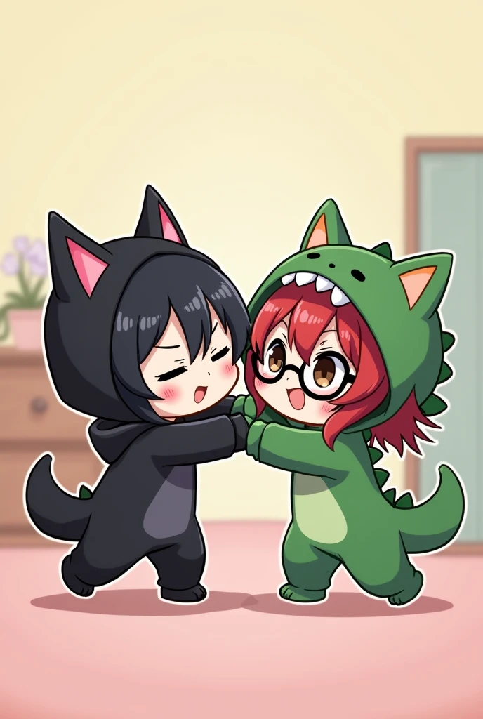 one girl has black wolfcut hair, wearing a cute black bat pajama with hoodie the other girl has red shoulder length wolfcut hair, wearing black glasses, brown eyes, wearing a cute green dinosaur pajama with hoodie. fighting. make them look like a chibbi