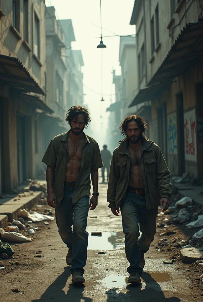 Create a 2 man with a drug addict appearance walking through a not so advanced city