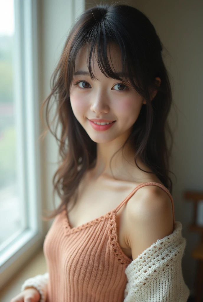 Realな写真、、Japanese high school girl、one piece、((whole body))、((photo:1.4、ニットのone piece:1.3、Knitted clothing:1.4、))、Straight Hair、bangs、Detailed face and body、((photoReal:1.5))、Natural lighting、High resolution、photoリアリスティック、(Highest quality、8k、High resolution、masterpiece:1.2)、Super detailed、(Real、photoリアリスティック、photoリアリスティック:1.37)、Realな肌の質感、Detailed eyes and lips、Beautifully detailed face、Long eyelashes、Smooth Skin、Slim figure、Blur the nipples、cute、smile、Young、、NSFW、