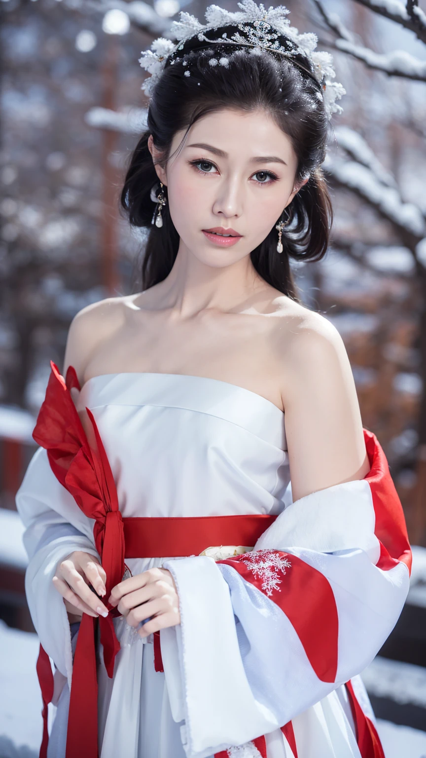 1 Fashion Model [[[[close up]]]], [[[[neck]]]], [[[[Shoulder]]]], (((Complete head)))，(((Complete hairstyle)))，Perfect eyes, Perfect Iris，Perfect lips，Perfect Teeth，Perfect skin，White skin，Soft headlights，High-density imaging，Black long hair，（Clean and delicate face），((Red fur winter hanfu))，((Half-length photo))，((The background is a snowy scene))，((winter))，((Various dynamic poses))，((The background is a snowy scene))，best quality，masterpiece，（Soft colors：1.2）