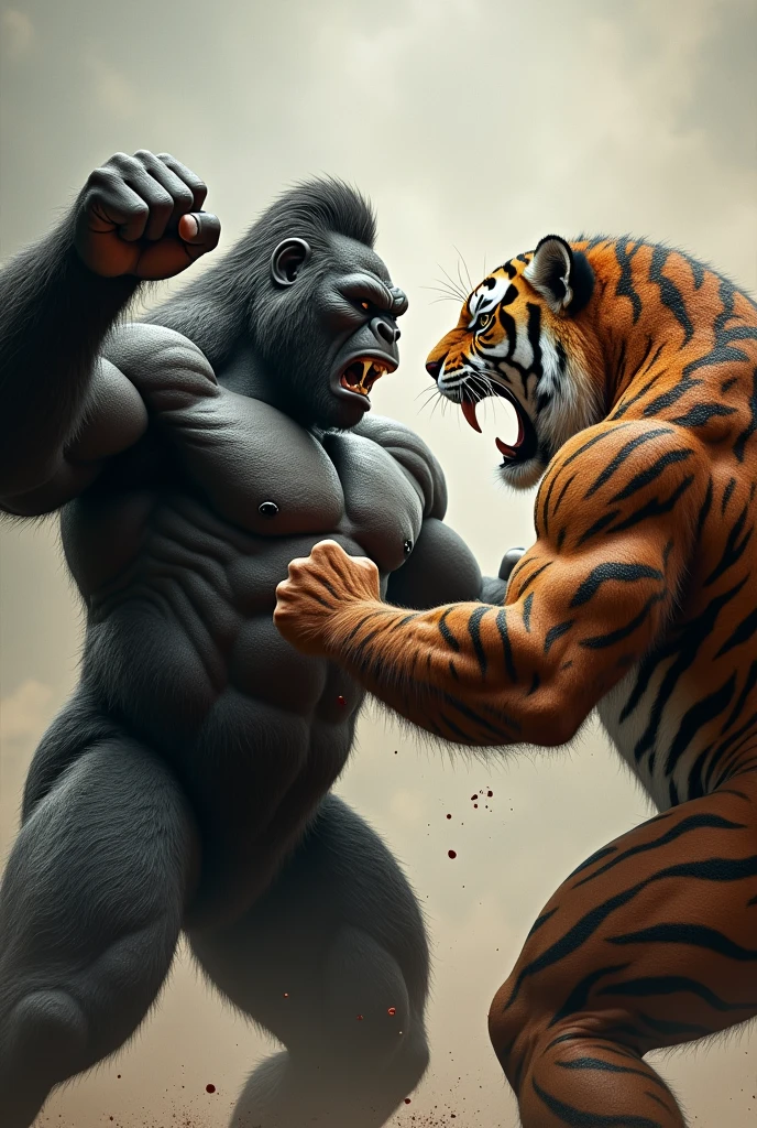 The gorilla muscular bodybuilder  hits the tiger muscular bodybuilder with his right hand and the gorilla bleeds in its stomach.