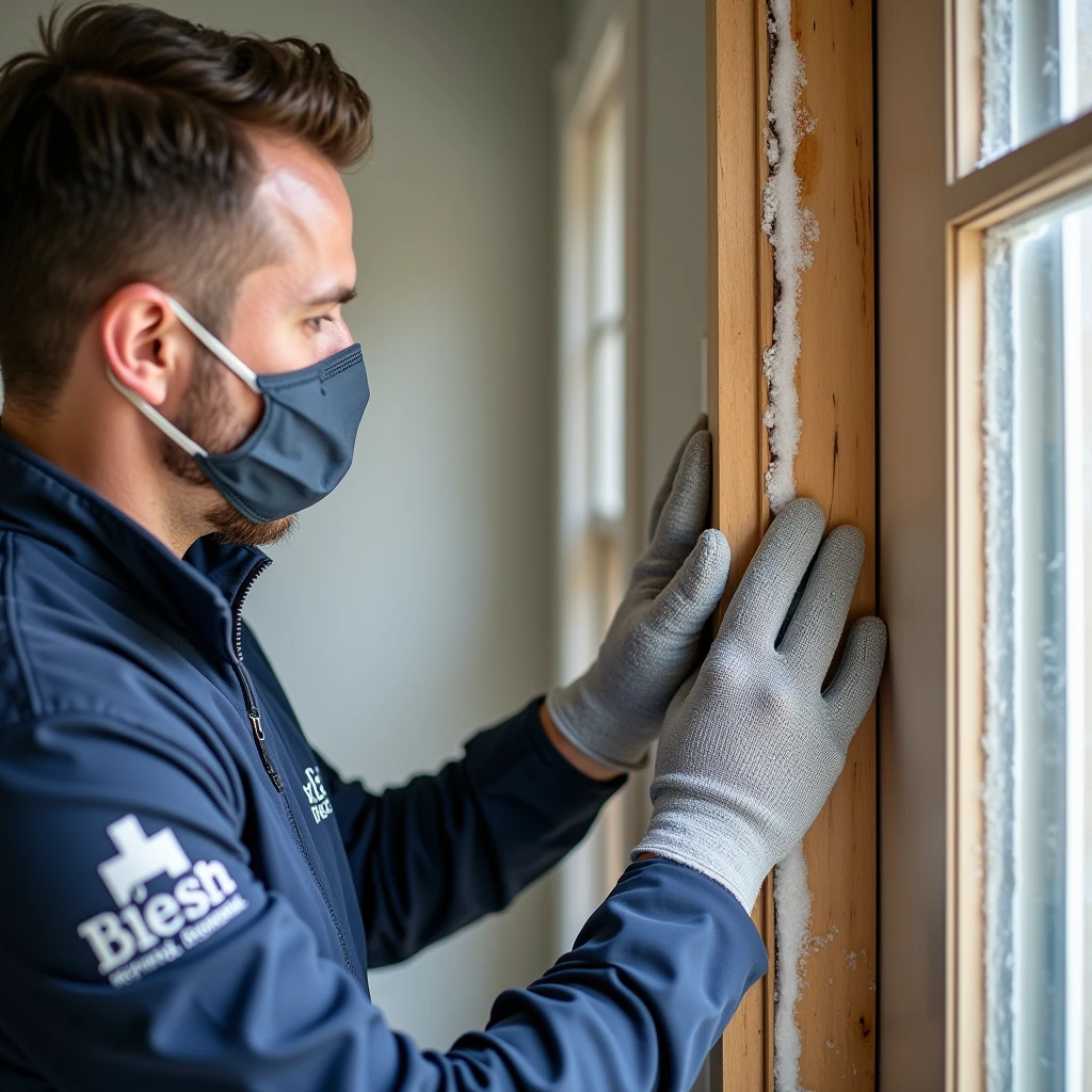 Create a professional and realistic image for an online store that offers door installation and maintenance services, focusing on the insulation of a door frame using spray foam or foam board. The image should depict a skilled worker carefully applying spray foam or fitting foam board insulation around the door frame to ensure proper thermal insulation. The worker should be dressed in branded, professional attire, wearing protective gloves and a mask. The setting should be a residential entrance, with the door partially installed and the insulation process in progress, showing the attention to detail in sealing gaps and improving energy efficiency. Include subtle branding elements, such as logos on the worker's uniform or the insulation materials, to reinforce the company’s identity. The overall scene should convey professionalism, precision, and the importance of proper insulation in door installation services.
