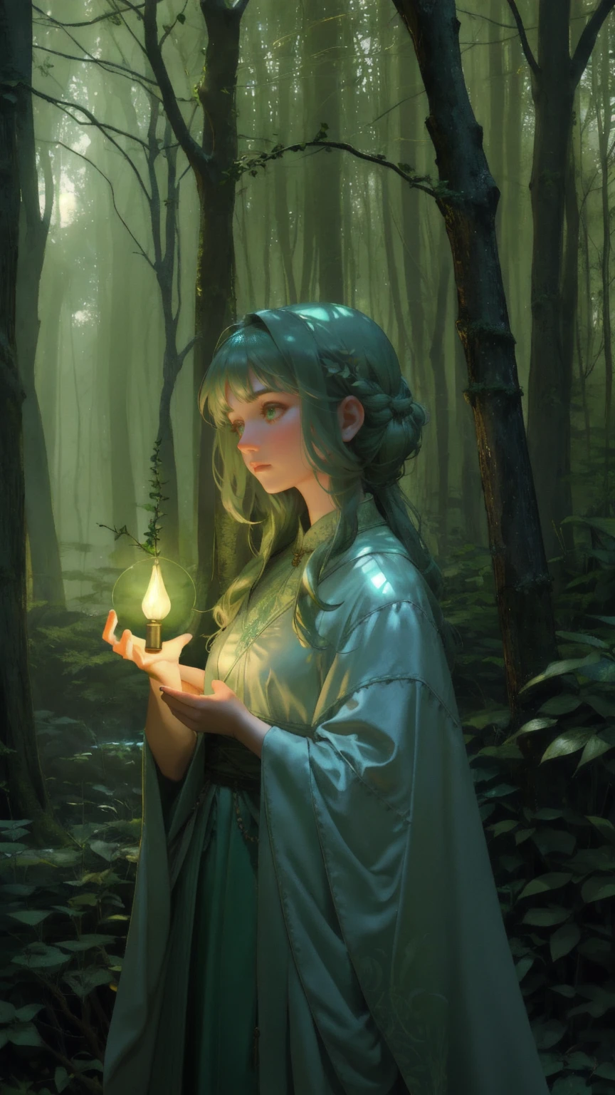 "A mystical woodland setting bathed in soft green light, where towering, twisted trees with knotted branches create a natural canopy overhead. The ground is uneven, composed of stone tiles interspersed with creeping ivy and small plants. Magical orbs hang from the branches, casting gentle green reflections across the misty forest. A girl dressed in a medieval-style outfit stands on the path, looking intently at her surroundings. She is holding a glowing, ancient artifact with a greenish hue that lights up her face and the path in front of her. The background should be detailed and atmospheric, maintaining a sense of mystery, with no text present."







