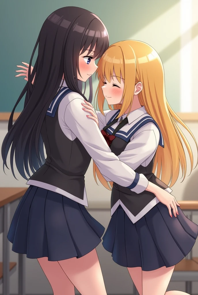 Two girls,The same figure,A black hair,A blonde,Hold each other tight,The two bodies are very close to each other,kiss,in the classroom