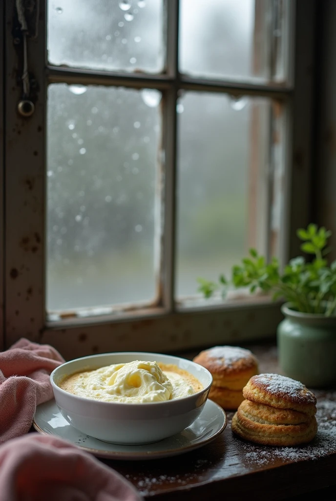  Cottage cheese with some biscuits by the window with rain outside 
