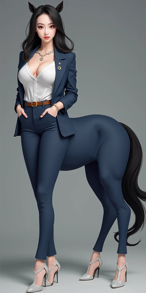 masterpiece,(Best quality:1.3),Centaur girl,lora:Centaur girlV1.0:0.6,(Icefield:1.3),(Head and body 1：9：1.3)Nine-head body，I am a white-collar elite，Elegant, beautiful and elegant，All four legs are wearing tight white collar black，White shirt，Leisure fur，Beautiful body，Black white collar suit，Wearing tight black suit pants，I&#39;m wearing a casual suit，（(Black work suit: 1.6)）,Smooth skin，Black Hair，Perfect facial features，Full breasts，(Leather belt bracelet neck: 1.4)，(White crystal high heels: 1.6)，Fair and translucent skin，Pale skin，Peach-like skin，The milky white porcelain skin of the eggs