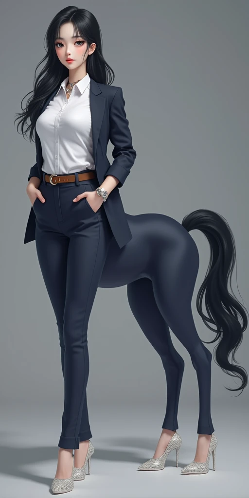 masterpiece,(Best quality:1.3),Centaur girl,lora:Centaur girlV1.0:0.6,(Icefield:1.3),(Head and body 1:9:1.3)Nine-head body,I am a white-collar elite,Elegant, beautiful and elegant,All four legs are wearing tight white collar black,White shirt,Leisure fur,Beautiful body,Black white collar suit,Wearing tight black suit pants,I'm wearing a casual suit,((Black work suit: 1.6)),Smooth skin,Black Hair,Perfect facial features,Full breasts,(Leather belt bracelet neck: 1.4),(White crystal high heels: 1.6),Fair and translucent skin,Pale skin,Peach-like skin,The milky white porcelain skin of the eggs