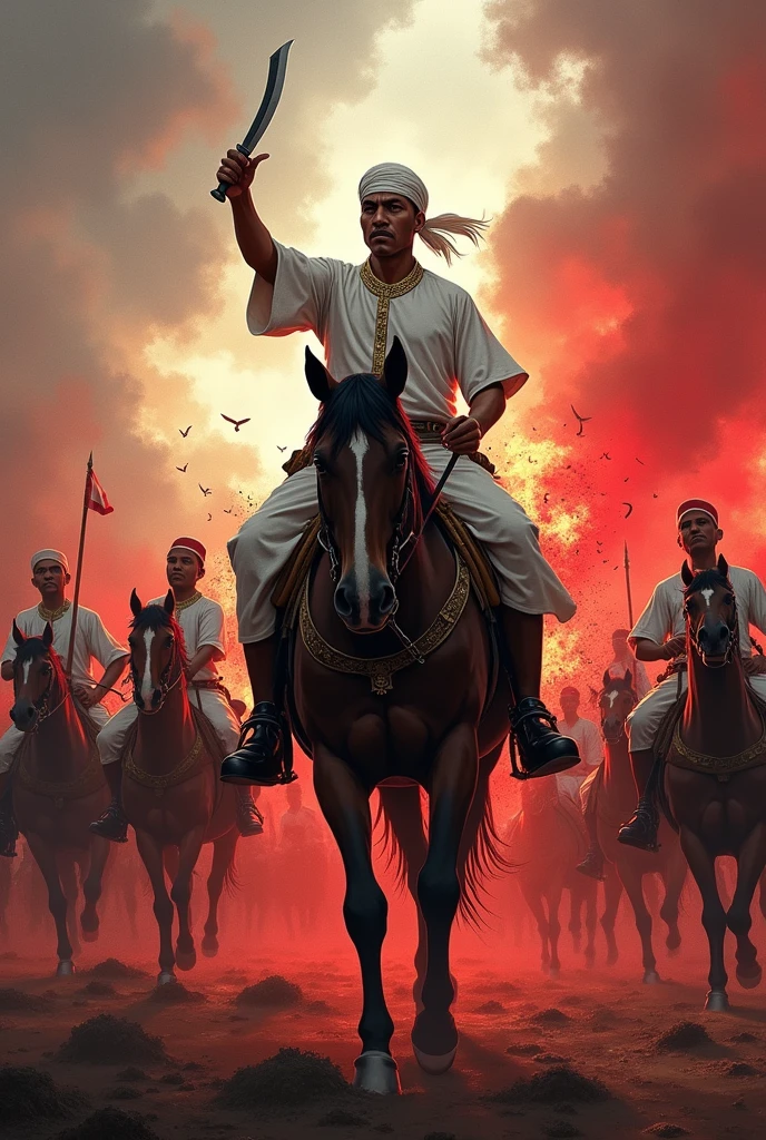 Create an illustration of a historical battle scene featuring Prince Diponegoro, a key figure in the Indonesian struggle against colonial forces. Prince Diponegoro should be depicted in a white traditional outfit, holding a kris (dagger) and riding a horse. He is leading his troops in a fierce confrontation against colonial soldiers, with a dramatic and dynamic atmosphere highlighting the intensity of the battle. The prince wears a turban on his head and a blood red war aura