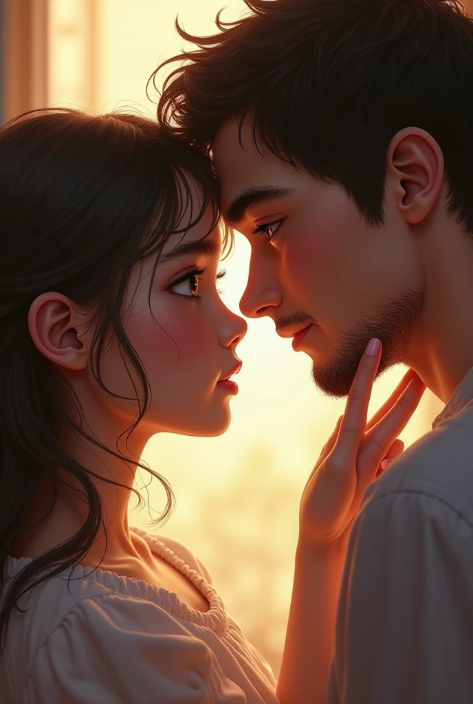 A girl touchs a 20 year old boy's lower chin