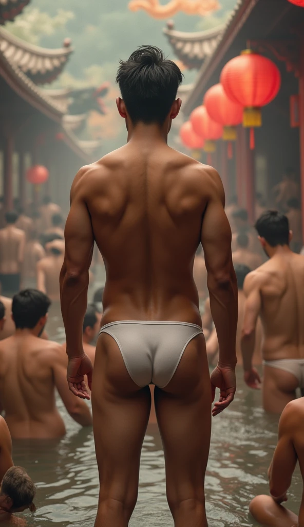 (photorealistic, masterpiece, best quality), handsome asian male, chinese man, smiling, standing backward, Shirtless，Bulge，fortitude，Raised butt，bubble butt, tight ass, back view, naked you can see his beautiful big round butt, young, slim athletic body, wearing nothing, completely naked,  athletic physique, slender, no body hair, wearing micro white thong, artistic and magical background, chinese mythology, chinese red lanterns, Chinese dragon in the background is steamy bathhouse with many naked men relaxing around. 