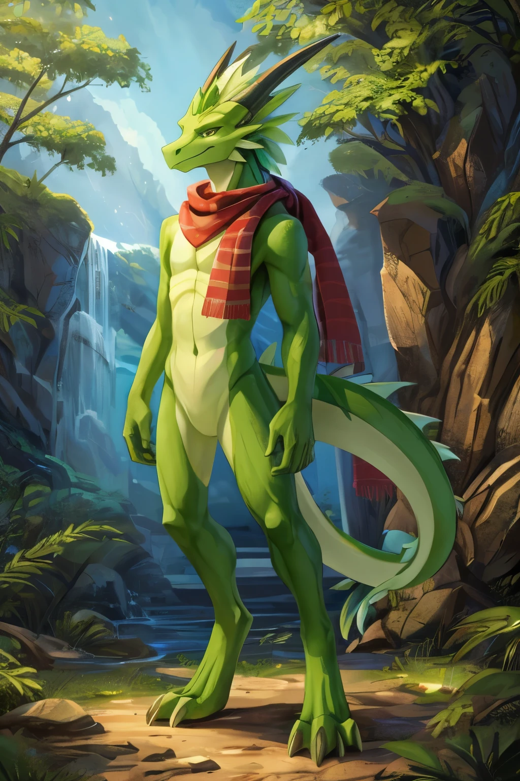 (anime), (front facing), (looking at the camera), slim furry green and lime dragon using old magic, green main body color, smooth skin, very long muzzle, neck and tail fur, digitigrade, creative horns, feathers, gradients, (wearing only a scarf), nature background, full body