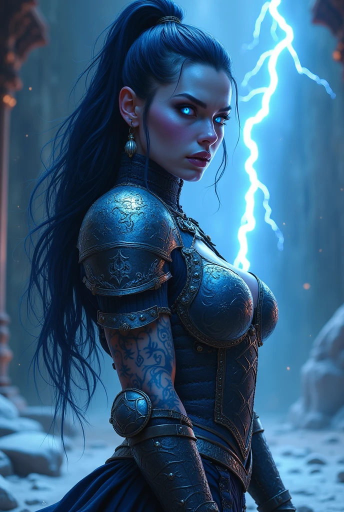 Aletta Ocean, angry evil beautiful and muscular, Nordic female, towering storm Giantess with blue black hair in a ponytail, older and mature woman, throwing a lightning ball, celtic glowing tattoos, wearing nordic steel runic plate mail Armour , temple cave background with lightning storm, glowing blue eyes, square jaw, powerful and imposing, winter clothing, pale blue purple skin, ((full plate celtic dragon armour)), nordic tattoos, fit bodybuilder, facing the camera , ultra detailed, looking outraged