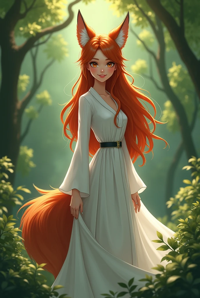 (raw photo, best quality) , (Realistic, photo-realistic: 1.4), extremely formidable general plan, masterpiece, ultra-detailed, high resolution, best illustration, best shadow, complex, depth of field, very beautiful woman with bewitching beauty, she has long red hair with light brown eyes, she has a single beautiful fox tail, and beautiful fox ears, she has no human ears, she wears a long fine white robe, she has a beautiful radiant smile, she is in a green forest, General shot, 8k Photorealist style, DSLR, high quality, (film grain: 1.4), Fujifilm XT3,