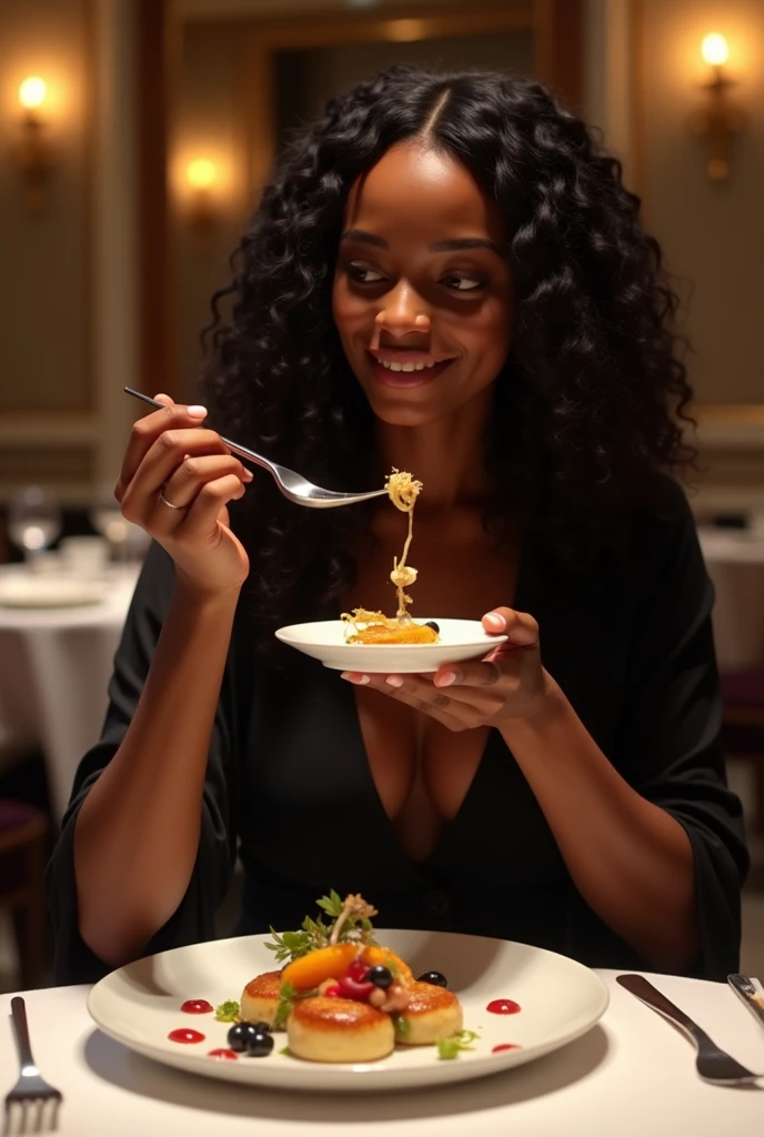 there is a black woman , the woman has, she has dark skin, with dark brownish skin, with long curly, long black loose moisturised curly hair she is dressed elegantly, sits at a chic Michelin-starred restaurant table. She’s about to indulge in a gourmet dish—a beautifully plated culinary masterpiece with artistic presentation. Her eyes light up with excitement as she takes a delicate bite, savoring the flavors. The soft ambient lighting of the restaurant highlights her graceful posture, creating a perfect blend of luxury dining and sophisticated beauty.