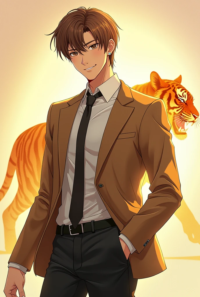 Draw Hwang Jiho manhwa style character from the Korean novel EX rank supporting roles replay in a prestigious school, like a mature young man, high, elegant, smiling and mischievous expression, light brown hair and eyes, and behind it a subtle transparent golden shiny transparent aura with tiger silhouette
