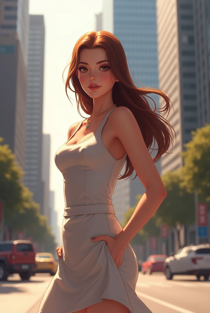 (Best quality, 8k, Masterpiece:1.3), 1girl, standing, office lady, model-like figure, wearing a sleeveless dress, (Long Brown Hair:1.2), (bright brown hair:1.3), (kawaii face:1.2), sharp look, city street with skyscrapers, morning light