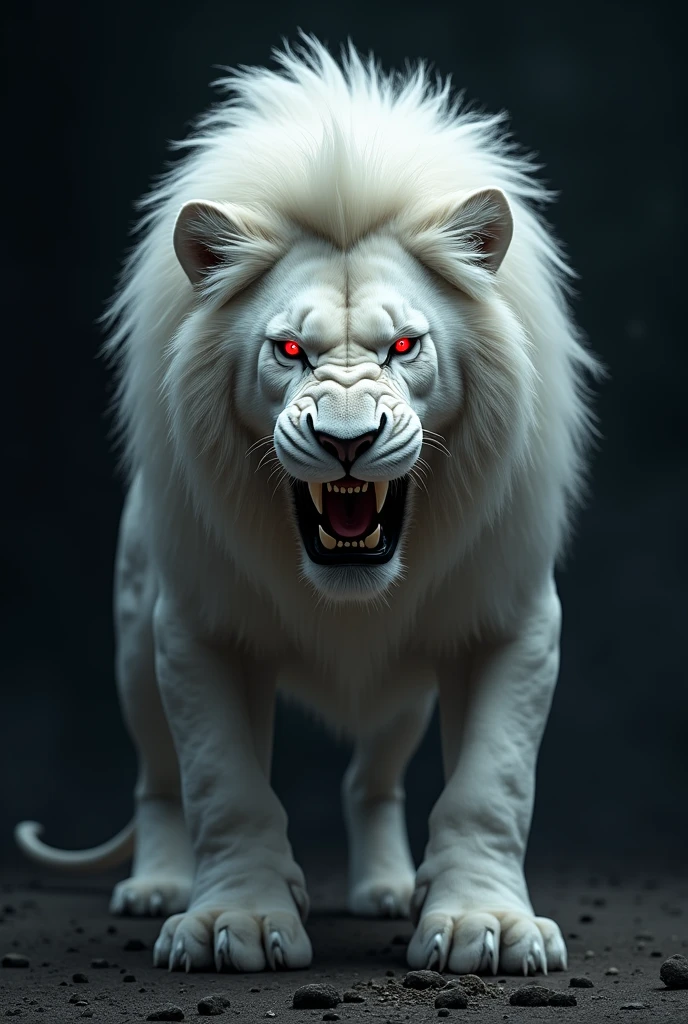 Angry White lion red eyes black background
