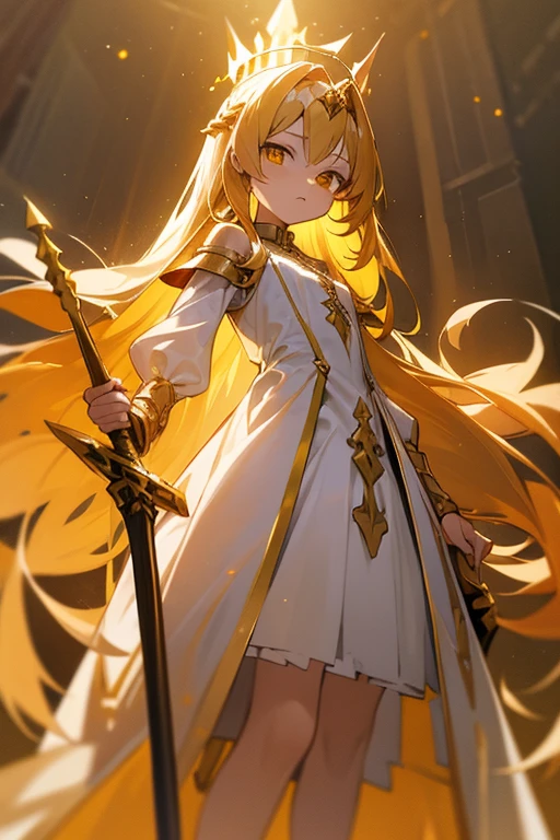 Honey-colored hair Defiant golden eyes Long Straight Hair Pure white battle dress crown tiara edelweiss Twilight Sky Fortress Petite low length Small breasts He holds a huge double-edged battle axe like a walking stick.