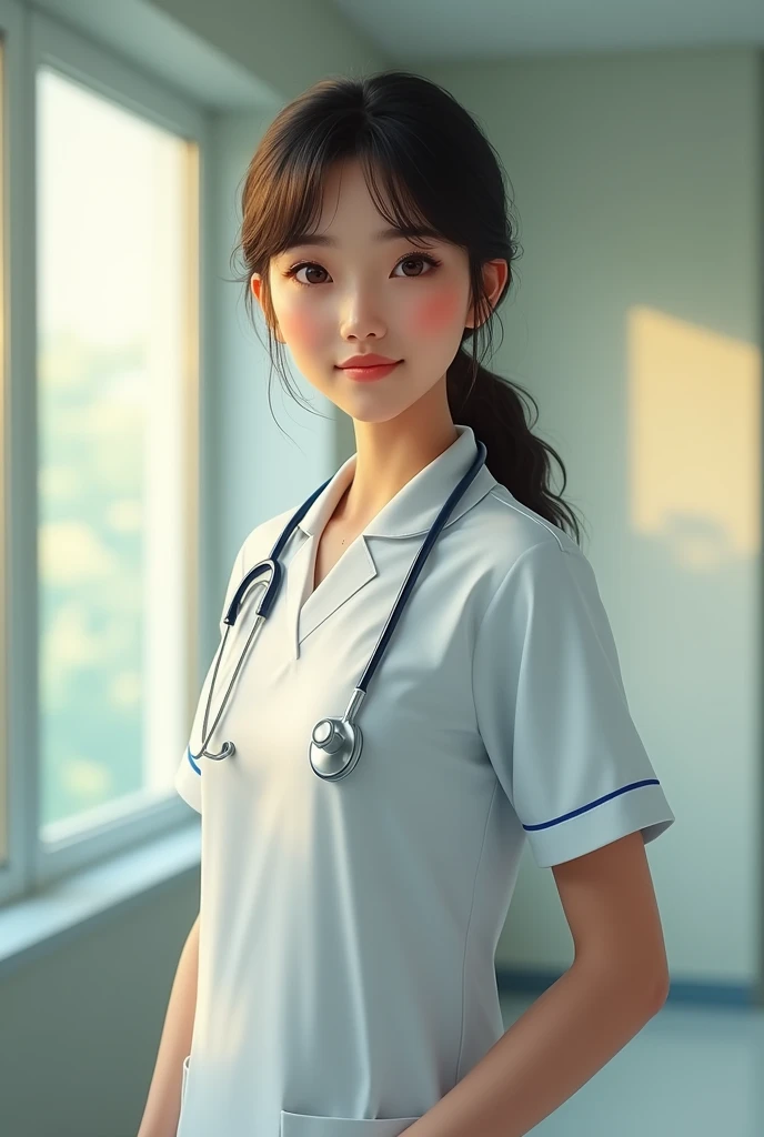 photo by full body,Legs long,thin waists,(RAW Photos,best qualityer),work of art,20 years old,Nurse,cute,(filming full body:1.8),(((white in color))) The nurse's uniform is plain、 nurse hat、 stethoscope, Legs long,thin waists,best qualityer,(Exquisite details),high resolution,extremely detaild,(focus only),(Uniforme de Nurse)Super realistic detailed clothing features,(nurse hat),(Focus on the infusion),(Outpatient infusion room,Quiet interior), Smile with, Double eyelid,20 year old female model,beautiful woman ,perfectbody,big fit ass,thin waists,Beautiful buttocks,beauty legs,Scrawny,High definition,16K,small round face:1.0,Realistic and perfect face and skin,beautiful detailed eyes,Double eyelid,long eyelashes,Swollen Eyes,realistic face and eyes,Facial Light,super detailed facial details,Gloss on the lips,Blush:1.0,The skin is white and shiny:1.2,Extensive lighting,natural shading,filming full body:1.8