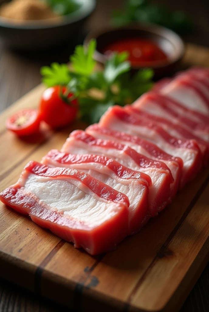  In a vibrant, sunlit kitchen, succulent slices of marbled pork belly glisten with a tantalizing sheen, captured with a Canon EOS R5 paired with a 50mm f/1.2 lens at ISO 200, shutter speed 1/125s; the rich pinks and creamy whites of the meat contrast beautifully against a rustic wooden cutting board, while soft shadows dance around the edges, inviting viewers to savor the mouthwatering texture and flavor, making it an irresistible centerpiece for any restaurant advertisement