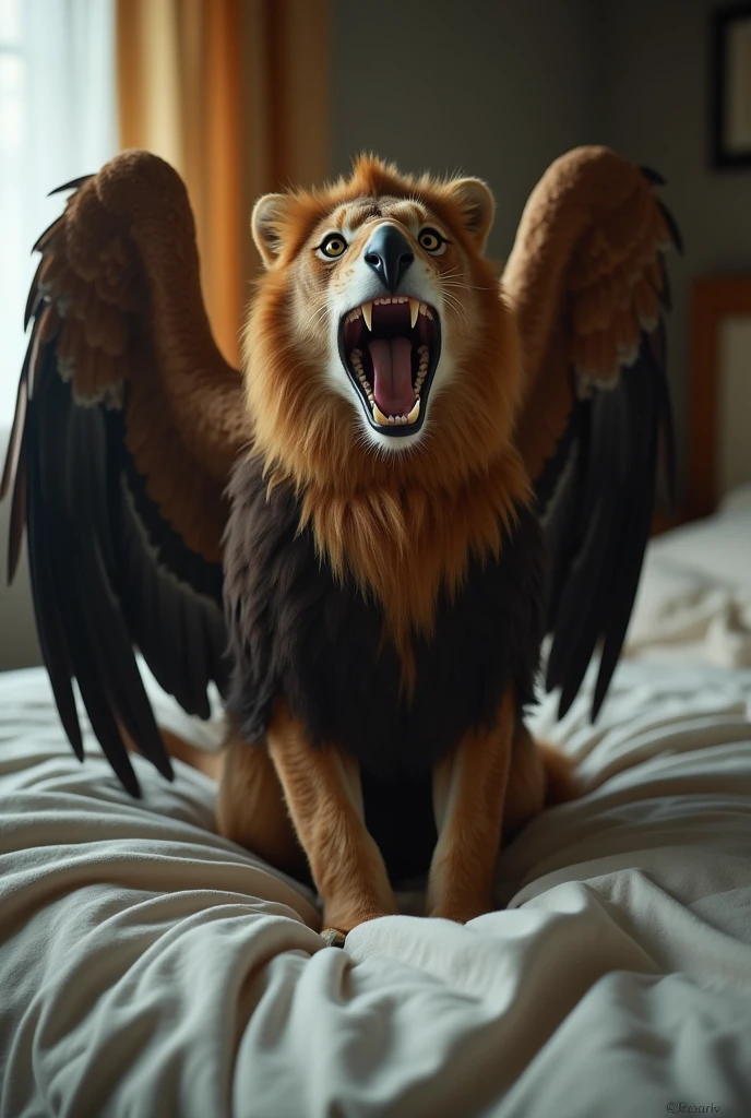 Cinema Style, A scene from selfies, A Griffon,  (Eagle's head:1.4), eagle くちばし screaming, 火を吹く, lion body, 
Lion's legs, Eagle Wings, lion tail, on bed, bed room, fantasy, earless,