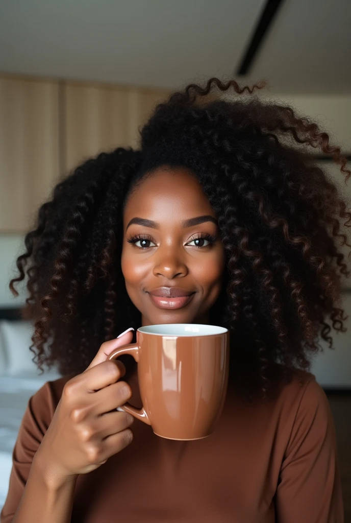 there is a black woman , the woman has, she has dark skin, with dark brownish skin, with long curly, long black loose moisturised curly hair she is taking a selfie with a cute chocolate mug in her modern home