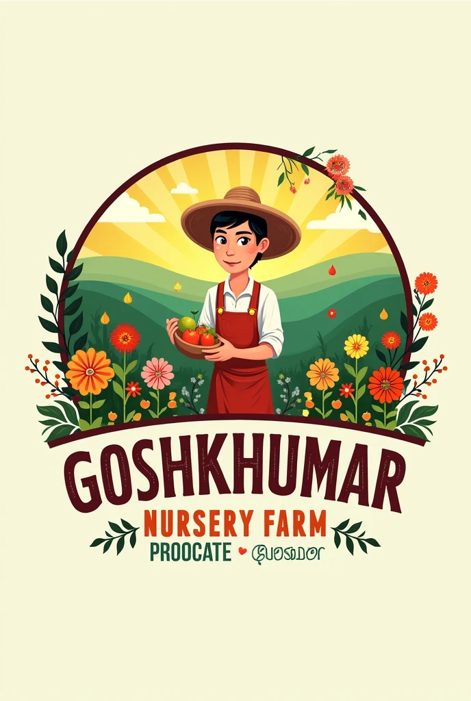 make beautiful logo for گۆشخۇمار Nursery Farm Tehsil Tangi decorations and fruits plants store. snice 1980. contact 034681118, 03369608345