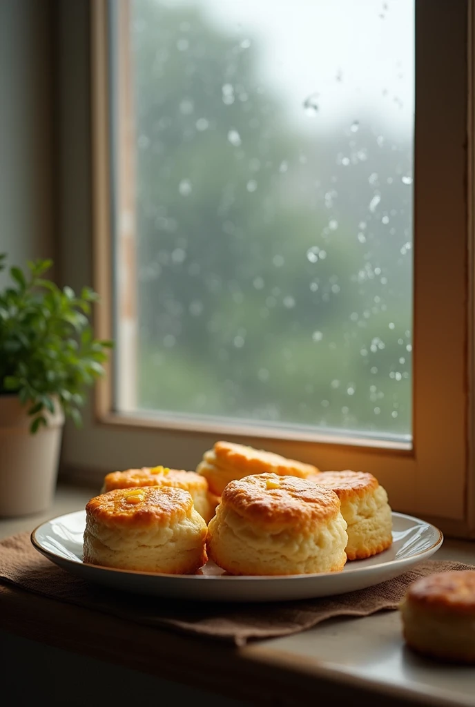 Cheddar cheese with some biscuits by the window with rain outside 