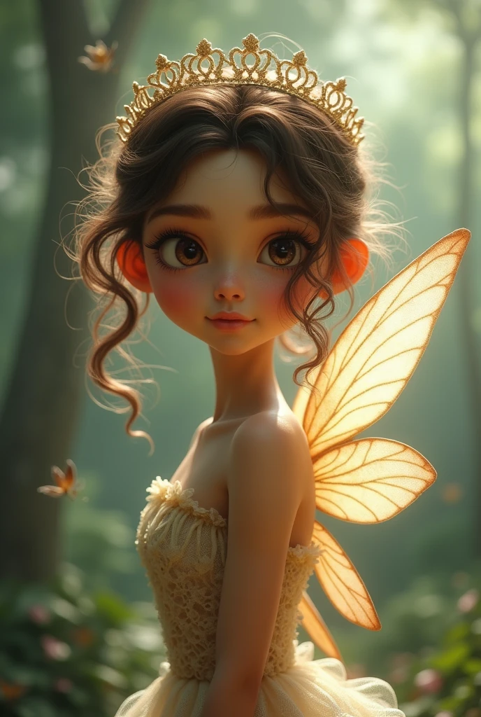 Female
Tan
Curly hair 
White eyes
Brown hair 
Crown
Fairy 
Short & skinny
Looks like 20 years old 
