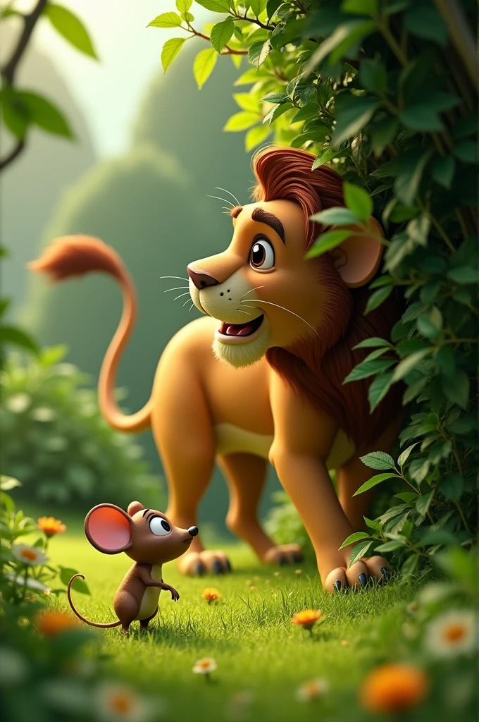 in Cinematic 3d cartoon style"Curious Mouse: A small, curious mouse peeking from behind a bush, eyeing the lion's tail with interest."