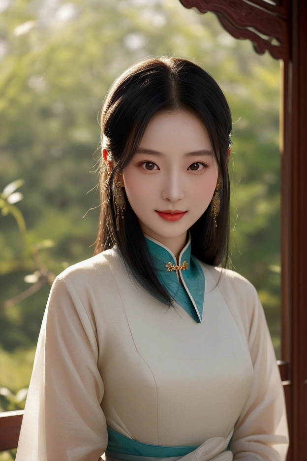  A serene portrait of a Chinese woman with fair skin and long, jet-black hair, her clear, bright eyes exuding innocence and gentleness. She wears an elegant qipao that accentuates her slender figure, embodying the graceful beauty of Eastern women. Her gentle smile, reminiscent of a spring breeze, brings a sense of peace and comfort. The composition is framed to highlight her elegant and dignified appearance, exuding the classic charm of traditional Eastern culture. Soft, warm lighting enhances her serene expression and the intricate details of her attire.