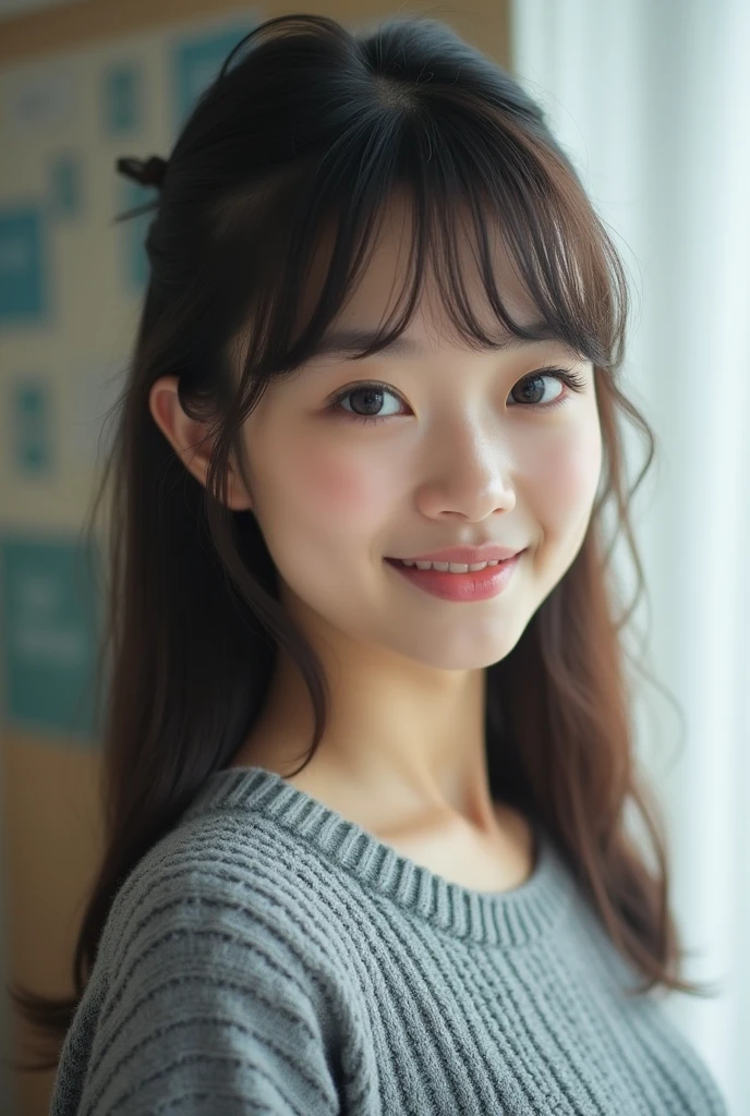 Realな写真、、Japanese high school girl、((whole body))、((photo:1.4、Knitted dress:1.3、Straight Hair:1.4、))、cute、bangs、Detailed face and body、((photoReal:1.5))、Natural lighting、High resolution、photoリアリスティック、(Highest quality、8k、High resolution、masterpiece:1.2)、Super detailed、(Real、photoリアリスティック、photoリアリスティック:1.37)、Realな肌の質感、Detailed eyes and lips、Beautifully detailed face、Long eyelashes、Smooth Skin、Slim figure、Blur the nipples、cute、smile、Young、、NSFW、