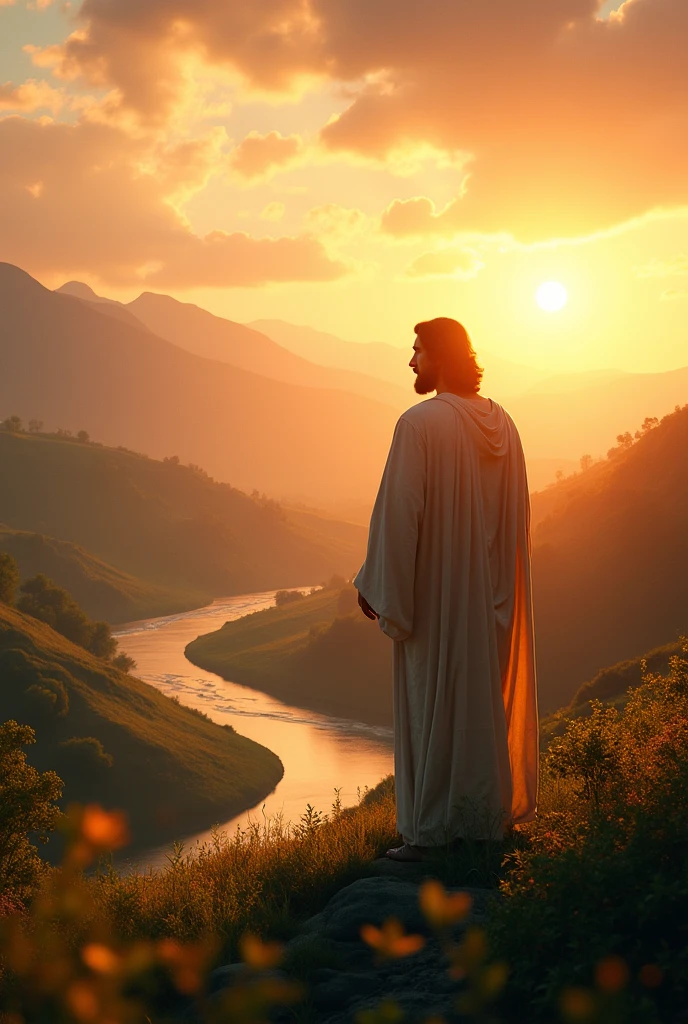 make a realistic and cinematic 8k image of a morning landscape with jesus christ