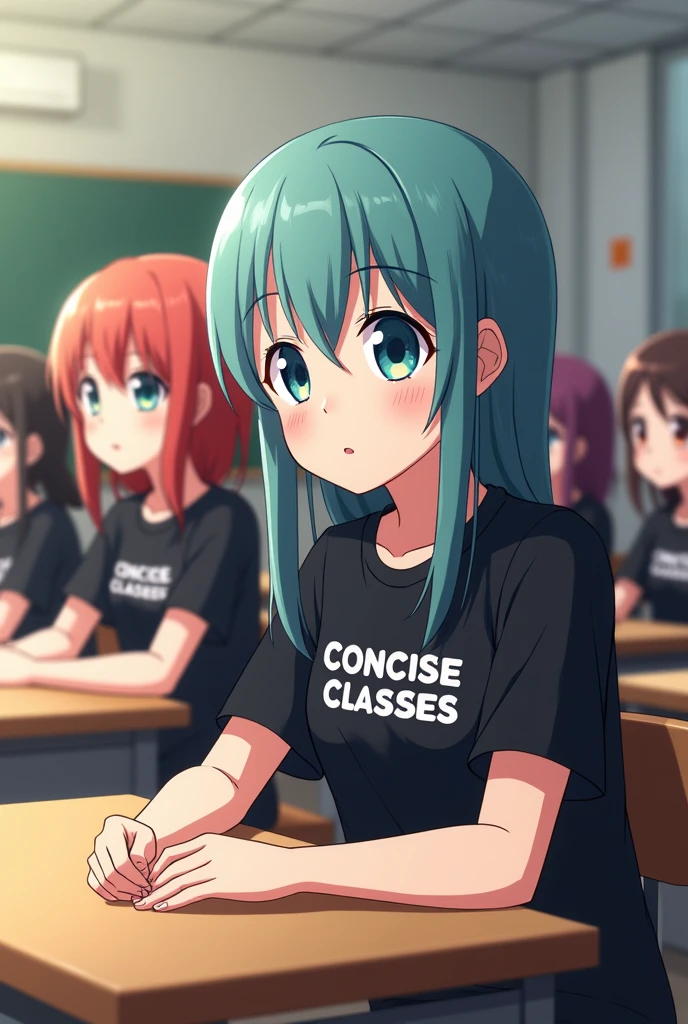 Anime students sitting in a classroom wearing black shirts with logo "concise classes"