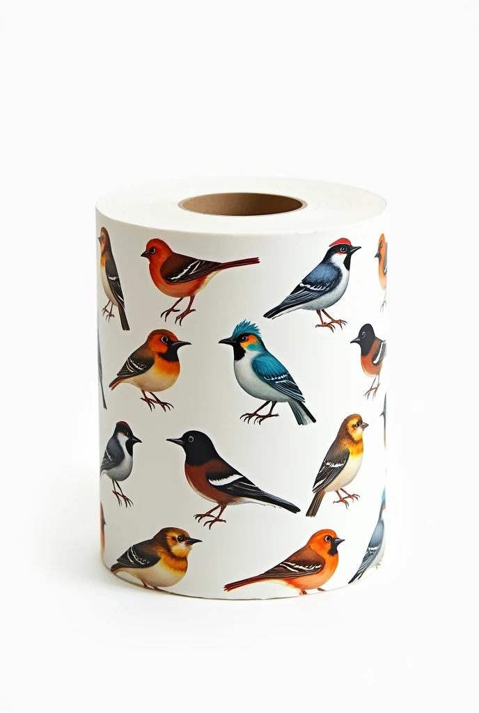 A roll of toilet paper with pictures of birds printed on it