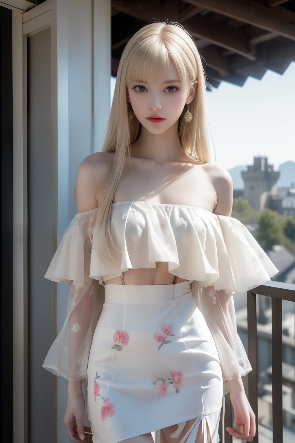 ((Woman Standing On Balcony Of Old Castle))、((Rear view)),((look back))、Highest quality works、Actual work、Ultra Premium Graphics、8K HD CG Works、High Quality Graphics、High-definition CG works、10x pixels、Ultra-fine detail:1. 1、High technical level:1.1 PhotoReal、Natural light:1. 5、Light Effects(Virtual Light Effects:1.8)、((Straight Van、Princess Van))、((Very Heavy、Volume Bang:1.1)、((Very Long、Very Heavy、Very Volume Side Lock:1. 1)、Hime cut、Straight bangs、Bangs straight、(masterpiece、Highest quality:1.5)、(Ultra Fine 32K CG:1.4)、(Hyperreal:1.25)、(Real:1.1. 4)、((Golden white hair)),Thin eyebrows、High nose、Nice red lips、Rosy Cheeks、Delicate makeup face、Cute face、Perfectly balanced face、(Flat Chest),A light-toned foundation enhances the clarity of your skin.。 ((Off-the-shoulder translucent white floral pattern dress)),((My skirt is flying up in the wind))、 ((I can see her white panties)), 32K,photograph,Highest quality,(1. Beautiful eyes、Light Hair、White skin、Mr. Miss.々Pose、((Medium chest、:1.1))、Highest quality、Tabletop、Ultra-high resolution、(Real:1.4)、RAWphotograph、(Perfect Figure)、(slim、:1.3)。 3)、Slim abdomen,