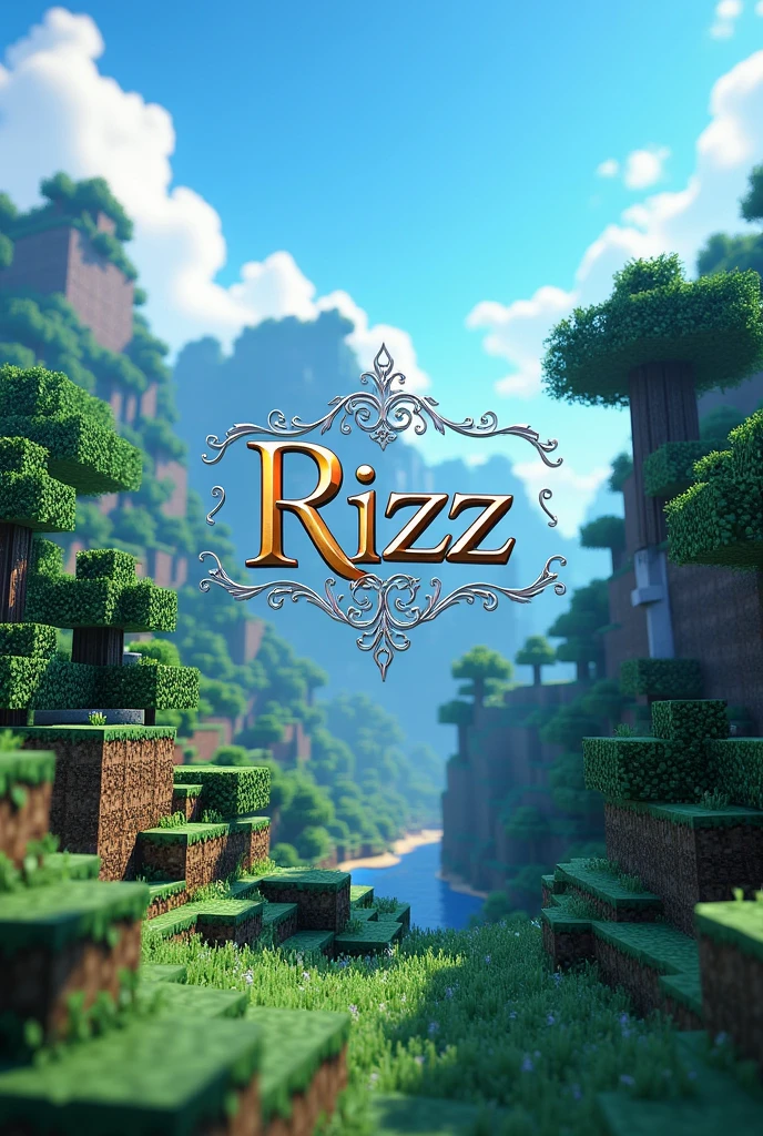The Rizz Hikari logo is in a beautiful Minecraft style background