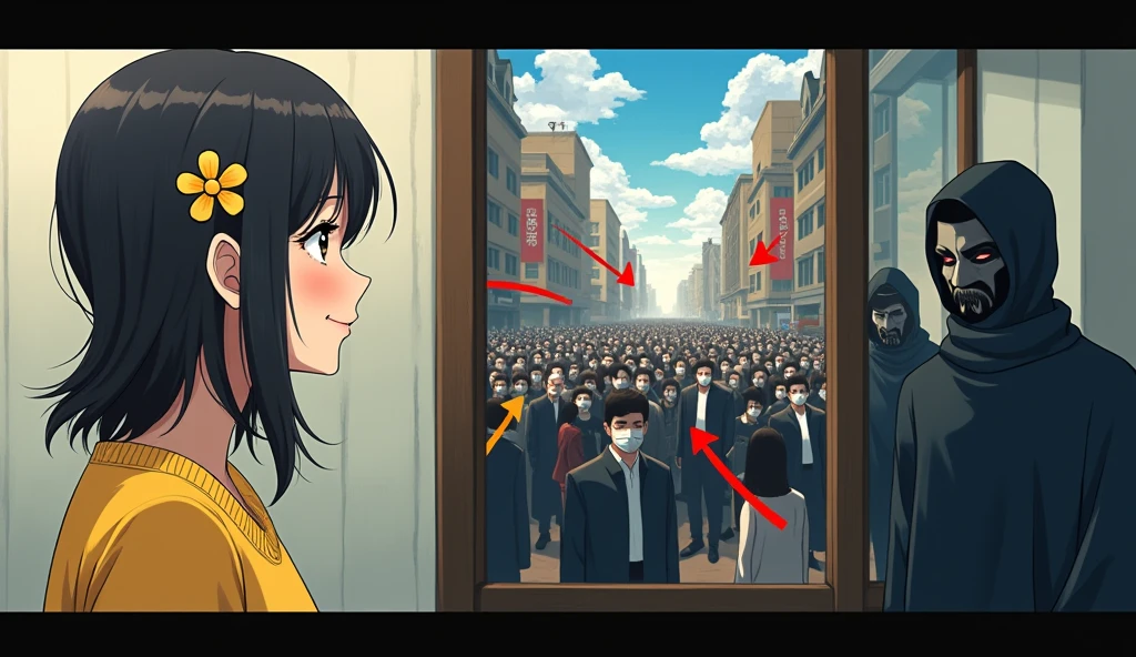 On the left side, there is a picture of a smiling woman with dark hair, wearing a yellow sweater and a yellow flower in her hair.
2. In the middle, there is an image of a crowd of people, likely involved in an altercation or chaotic situation, with some arrows pointing to specific individuals in the image. 
3. On the right side, there is an image of two individuals wearing masks, one with dreadlocks.

Below these images, there is a red 'LIVE' button icon, indicating that the video may have been streamed live."

---

This should work as a detailed prompt for the image.