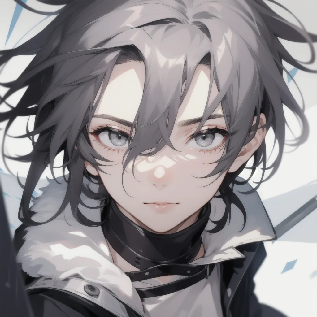 boy, ash hair, black strands of hair, grey eyes, cold look