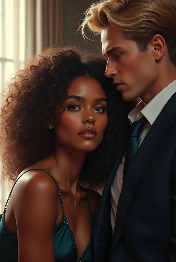 Could you generate for me a book cover, here are the descriptions Yara is of a mixed race, she has curly brown hair, she has beautiful lips, a caramel skin, 5'5ft and then the man is of a replica of Henry cavil with blonde hair I need them in suits like in an office setting.. the woman young (25year)is sitting down and the man ( 30) is standing besides her.
Cover her breasts. 
