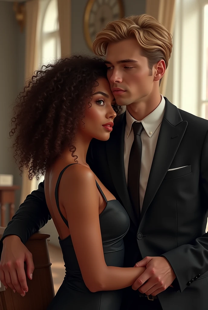 Could you generate for me a book cover, here are the descriptions Yara is of a mixed race, she has curly brown hair, she has beautiful lips, a caramel skin, 5'5ft and then the man is of a replica of Henry cavil with blonde hair I need them in suits like in an office setting.. the woman young (25year)is sitting down and the man ( 30) is standing besides her.
Cover her breasts. 