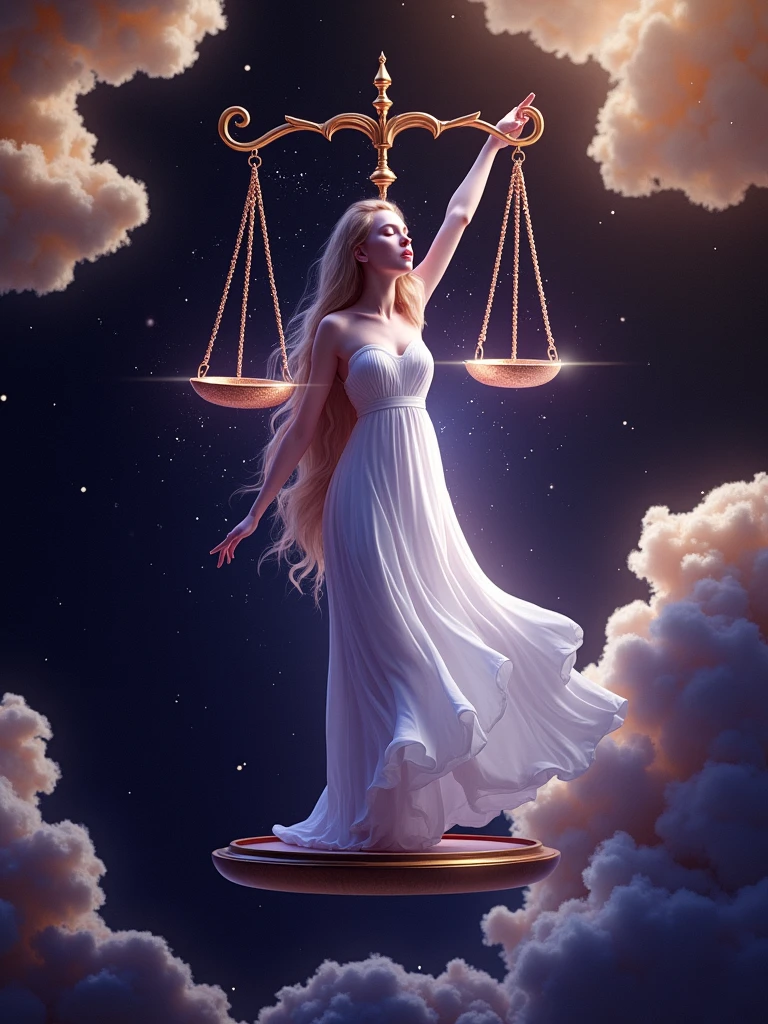 A mystical fantasy digital art design of a zodiac with the scales of justice balanced against a backdrop of clouds and stars. The zodiac is centered around a female figure with long, flowing hair. She is wearing a white gown and has her eyes closed. She is standing on a circular platform. The platform is floating in the air. The sky is filled with stars and clouds.