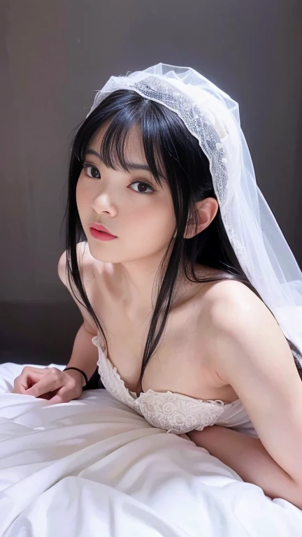Masterpiece、highest quality、Woman 1、Small and perky breasts、Super detailed、Top view、Gravure idol、Black Hair、Straight Hair、Light bangs、Wedding dress、White Veil Lying on white sheets、Lie on your back、Gravure pose、Sexy Pose、White sheets background